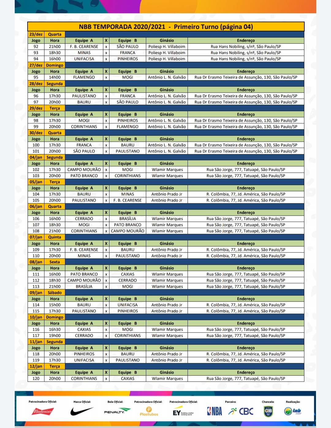 Tabela de Jogos – Liga Nacional de Basquete